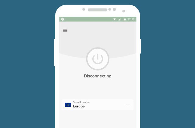 A screenshot of the ExpressVPN app, disconnecting from the fictional EU server location.