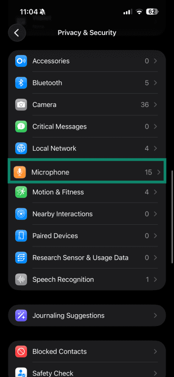 iPhone Privacy & Security settings with Microphone highlighted.