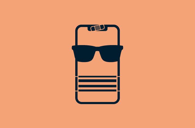 Mobile phone wearing sunglasses, scard, and webcam cover.