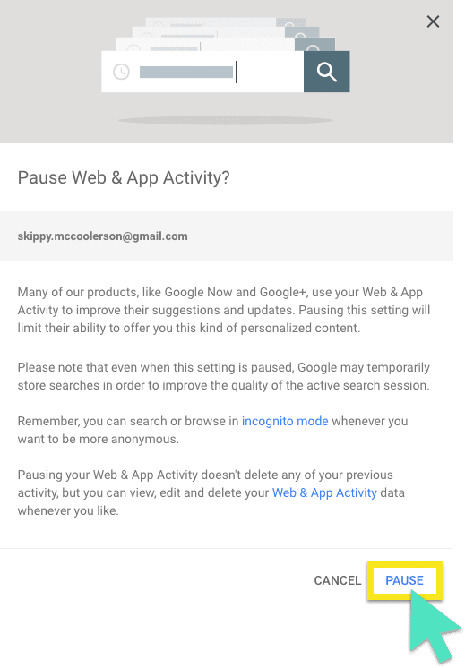 Google-Bildschirm "Web- und App-Aktivitäten pausieren?" mit hervorgehobener Schaltfläche "Pausieren".