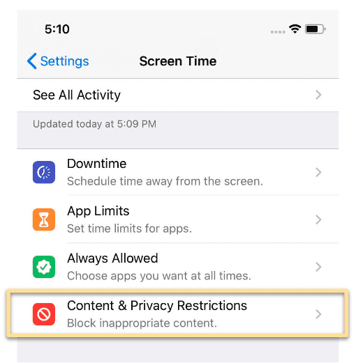 ios content privacy restriction screenshot