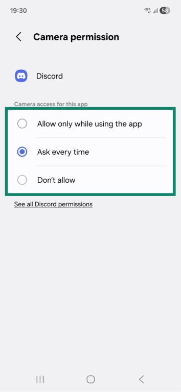 The "Camera permission" page on an Android phone. The "Ask every time" and "Don't allow" options are highlighted.