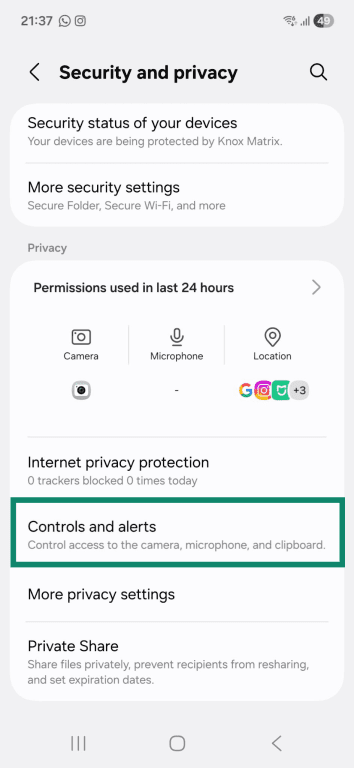 The "Security and privacy" page on an Android phone. The "Controls and alerts" option is highlighted.