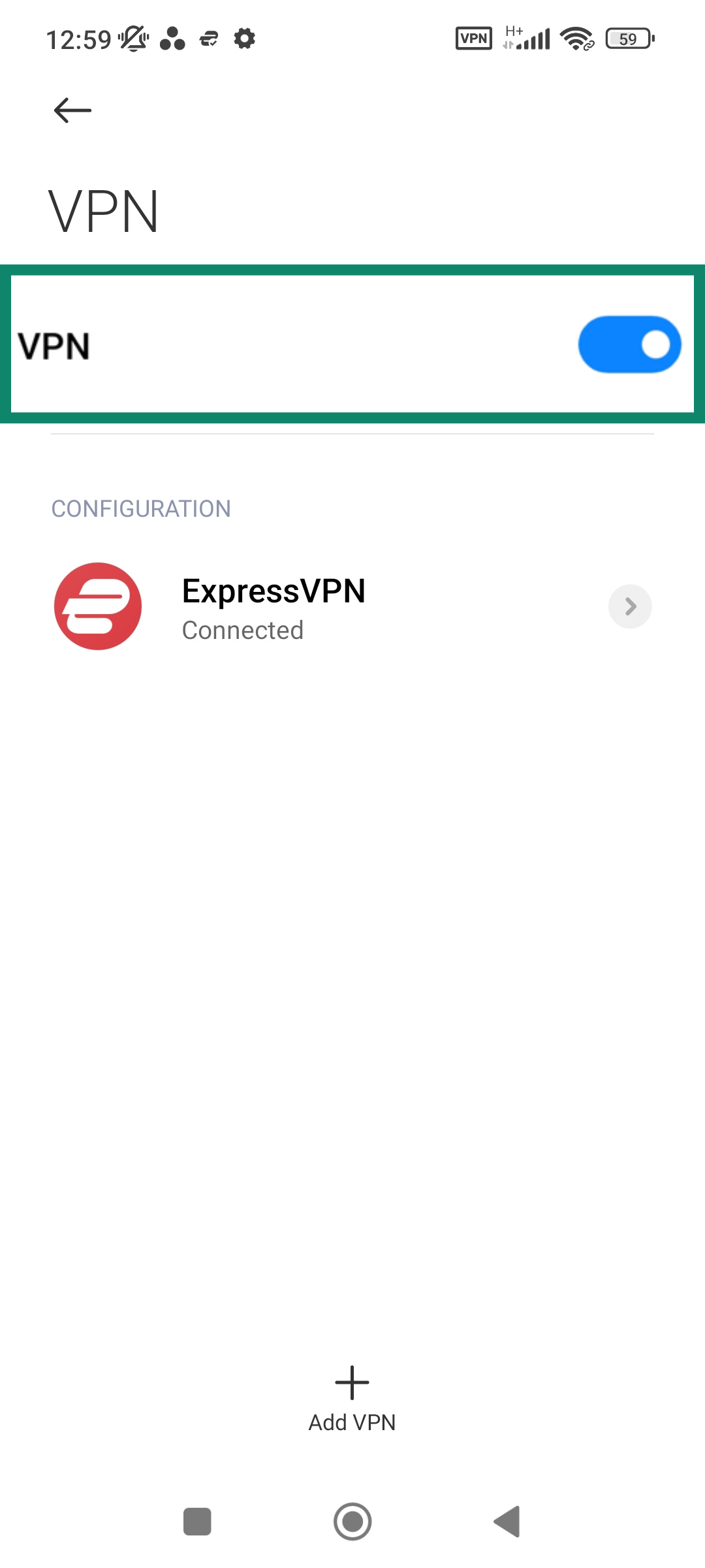 A screenshot of an Android phone, showing the button to toggle the VPN off.