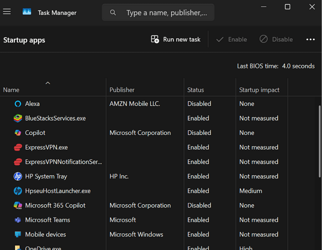 Windows Task Manager Startup apps list, including ExpressVPN and Microsoft Teams.