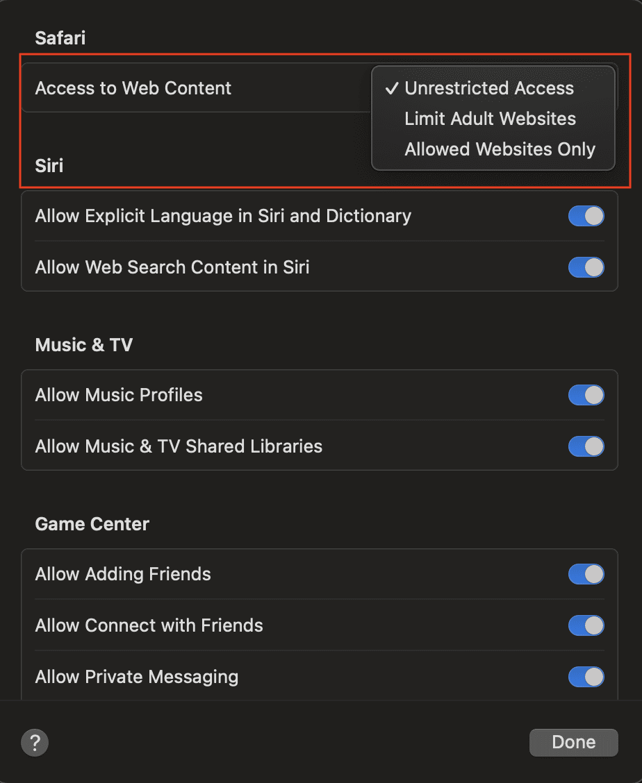 Under Web Content Select Limit Adult Websites