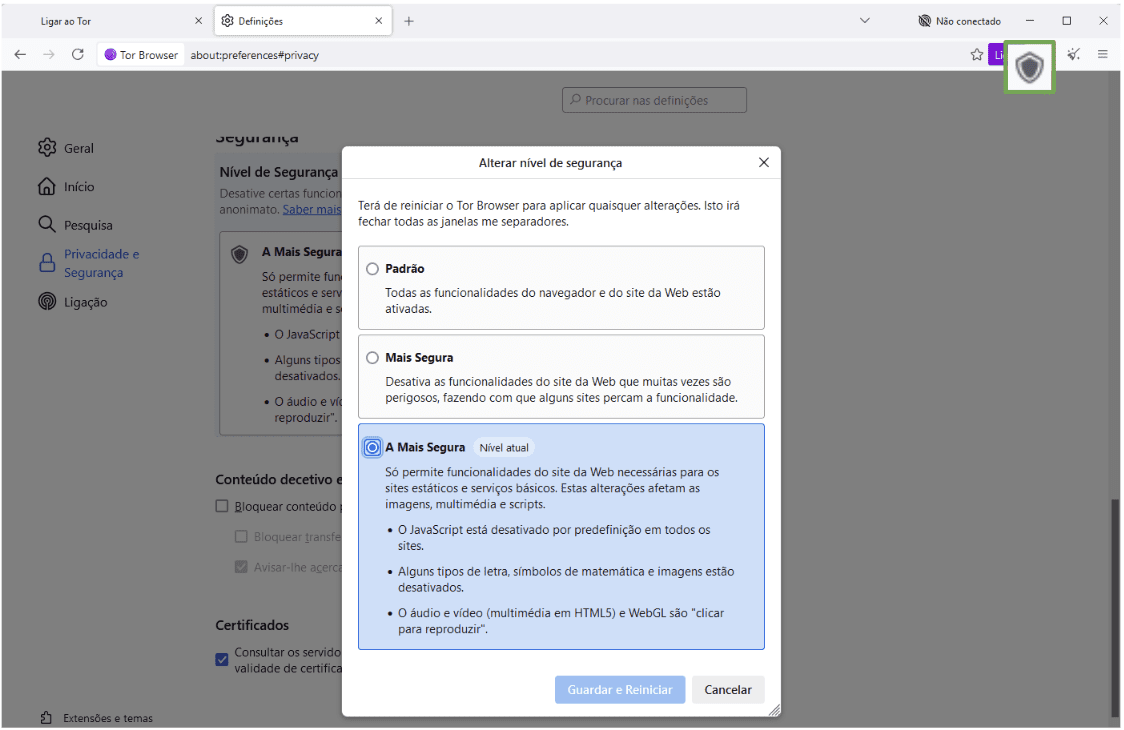 Tor browser Privacy & Security settings window with the Safest security level highlighted.