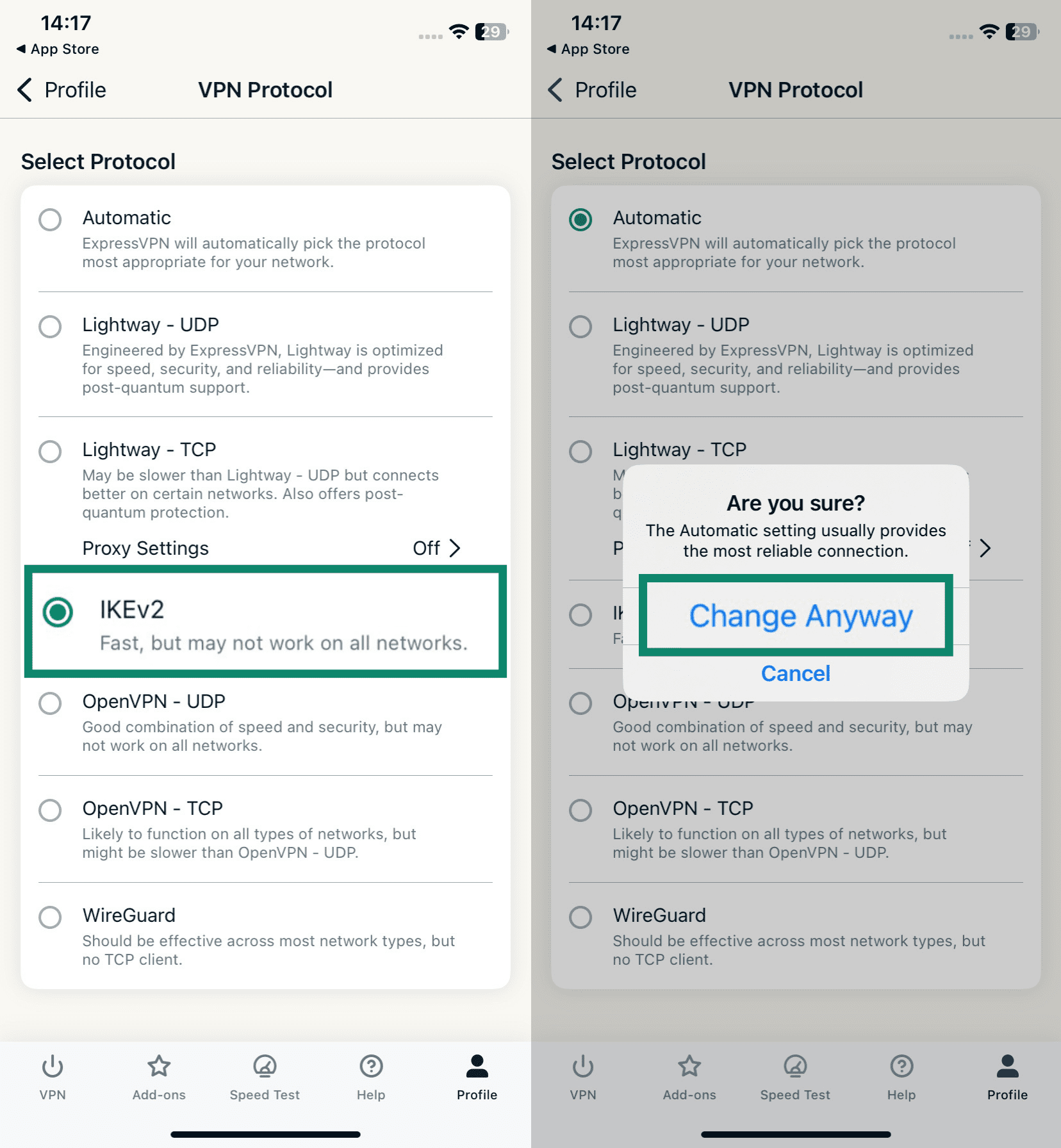 The VPN Protocol screen of the ExpressVPN iOS app, with IKEv2 protocol highlighted (left) and the Are you sure pop-up with the Change Anyway button highlighted (right)