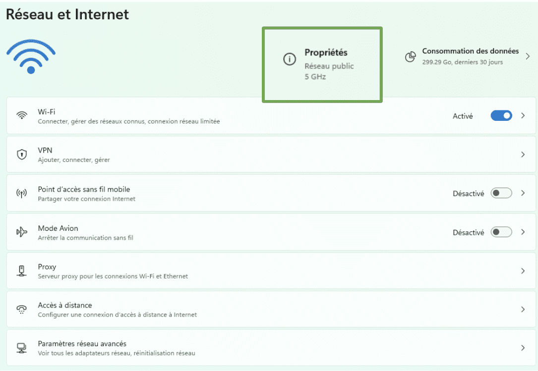The Windows Network & internet settings menu, showing the Properties button.