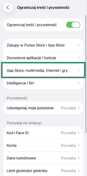 App Store and media restrictions in iPhone parental controls.