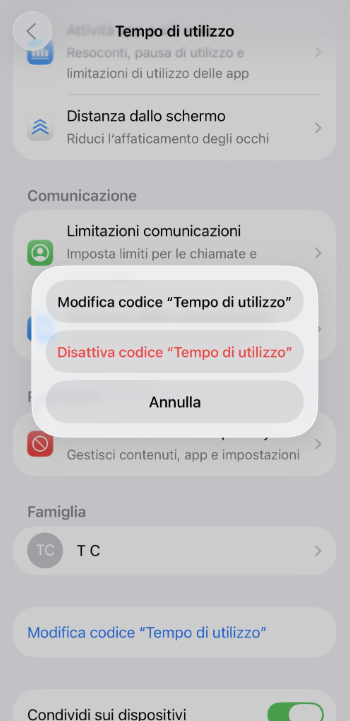 Options to change or turn off Screen Time passcode on iPhone.