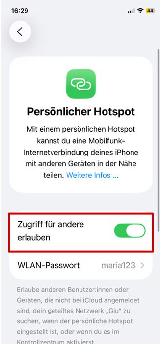 iPhone Personal Hotspot settings screen with Allow Others to Join toggle enabled.
