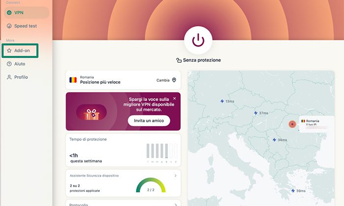 ExpressVPN macOS app with the "Add-ons" tab highlighted.