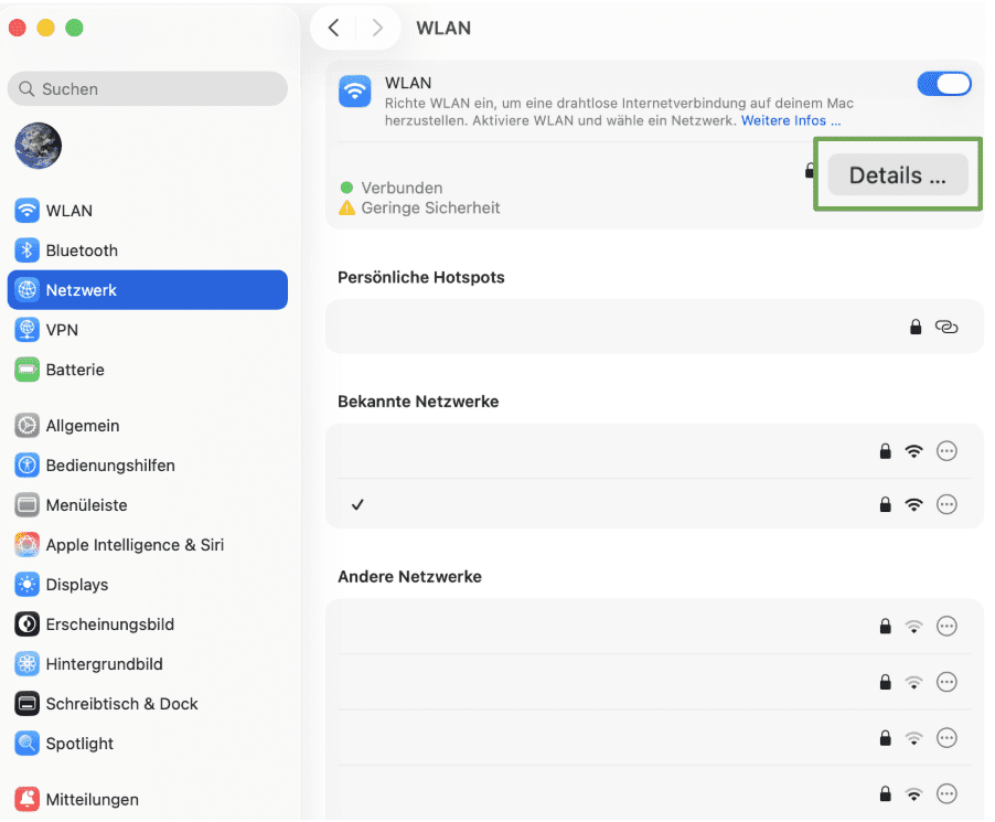 The Network menu of an Apple Mac, showing the list of networks and the Advanced button.