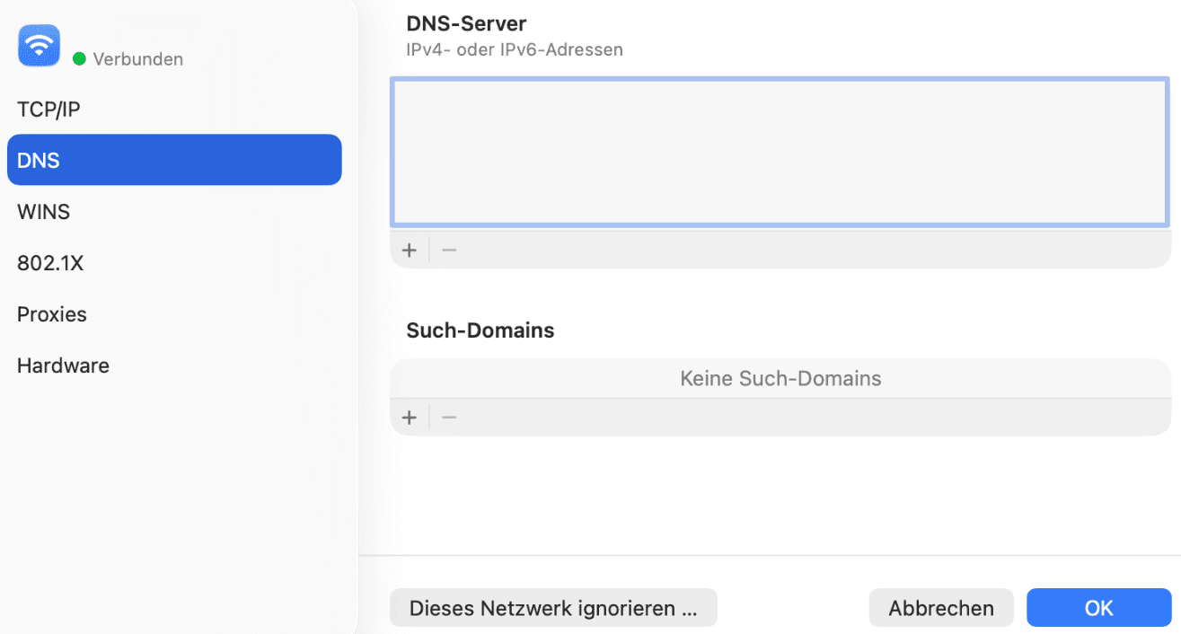 The DNS page of the Advanced Wi-Fi settings of a Mac, showing the DNS servers for the current network connection.