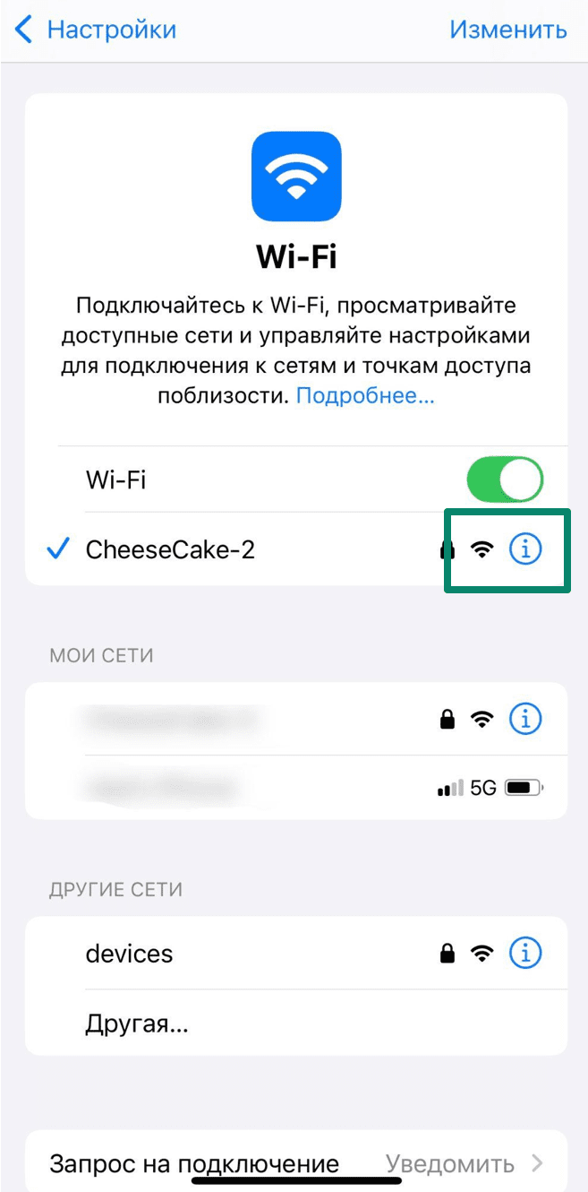 iPhone WiFi menu displaying connected network details