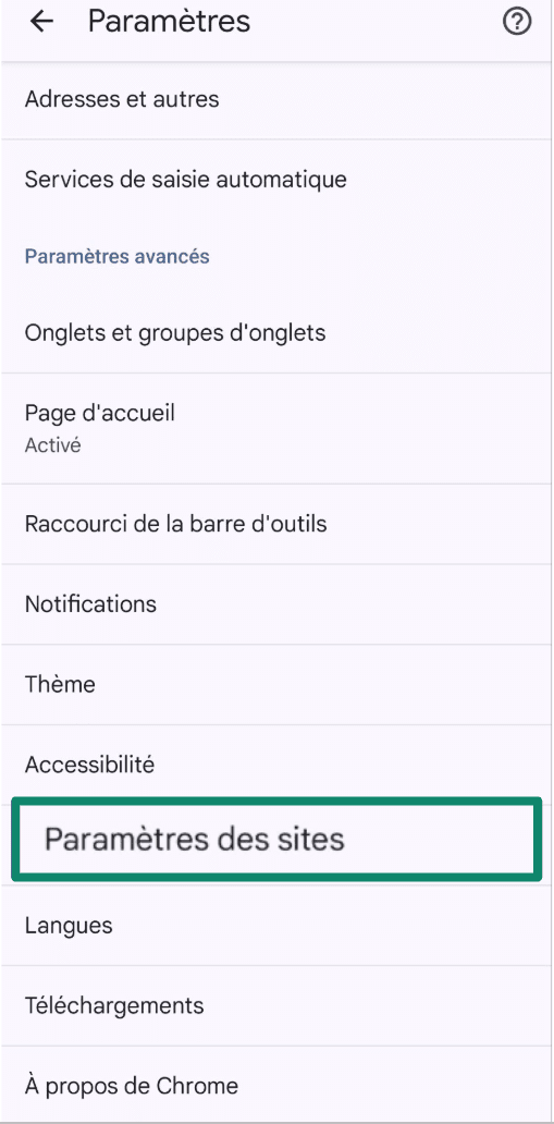 Chrome settings screen with Site settings option highlighted.
