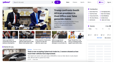 Yahoo homepage with top news, weather updates and search bar