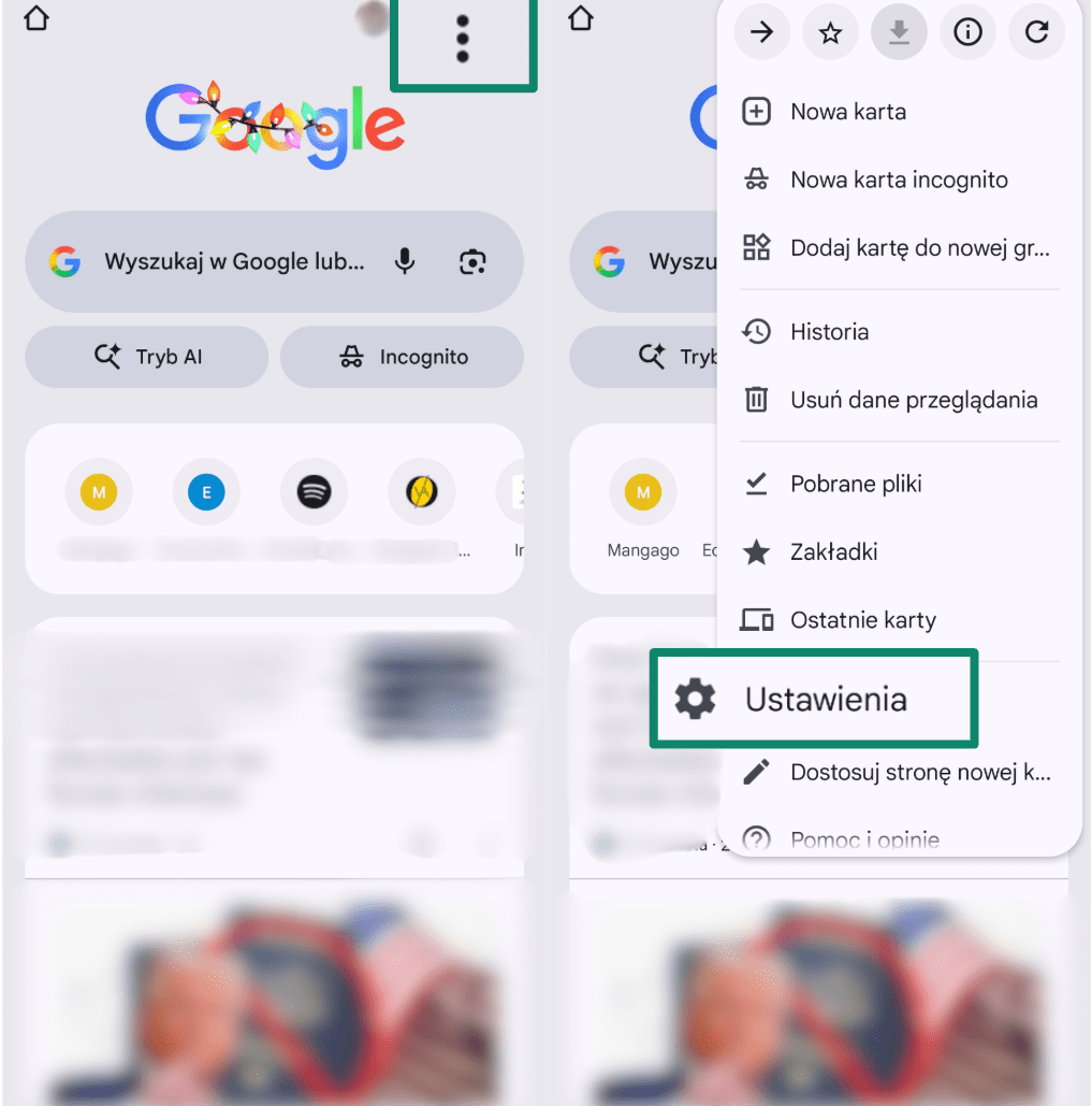 Accessing Chrome settings from the three-dot menu on Android