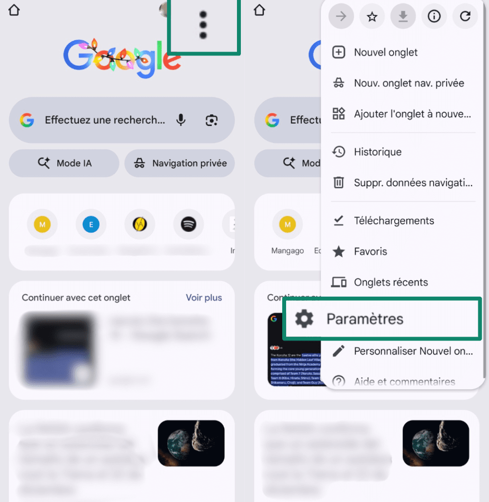 Accessing Chrome settings from the three-dot menu on Android