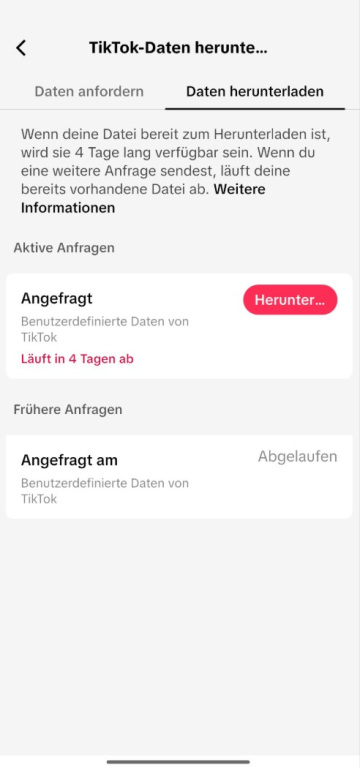 Screenshot showing how to begin downloading personal data from TikTok