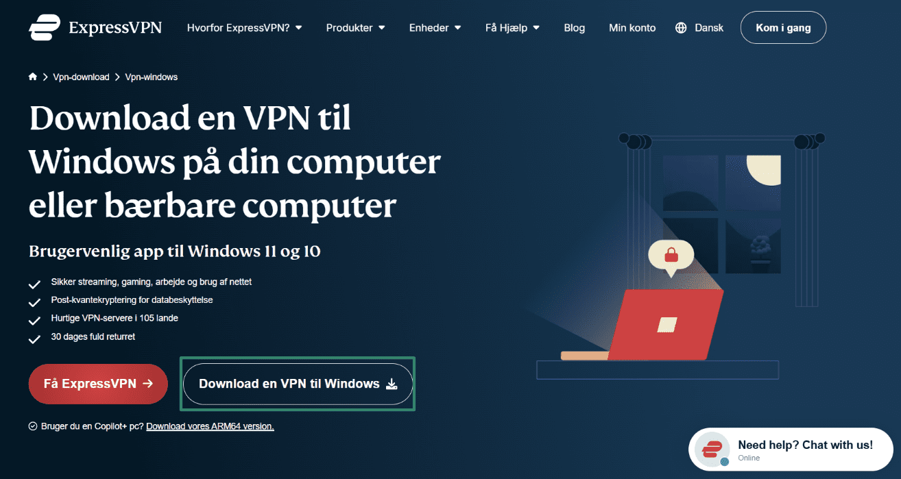 Download af ExpressVPN's opsætning til Windows.