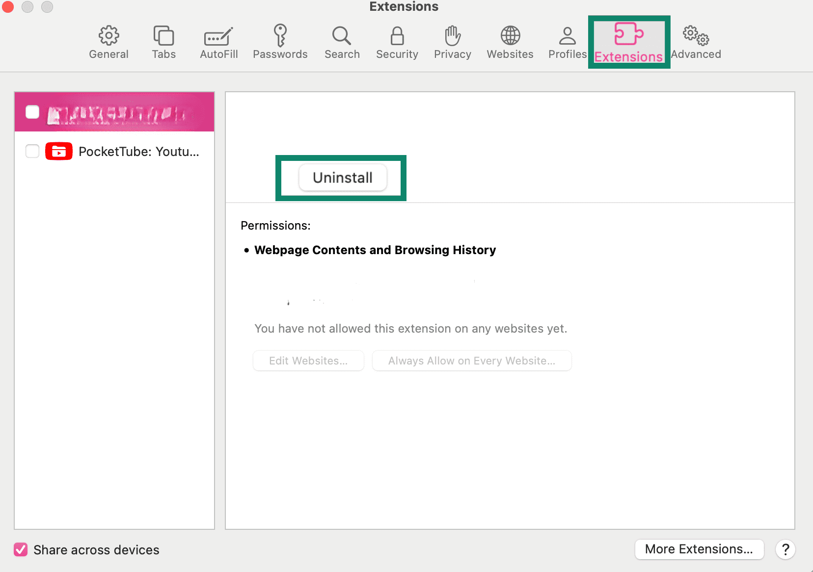 Uninstall option for Safari extension.