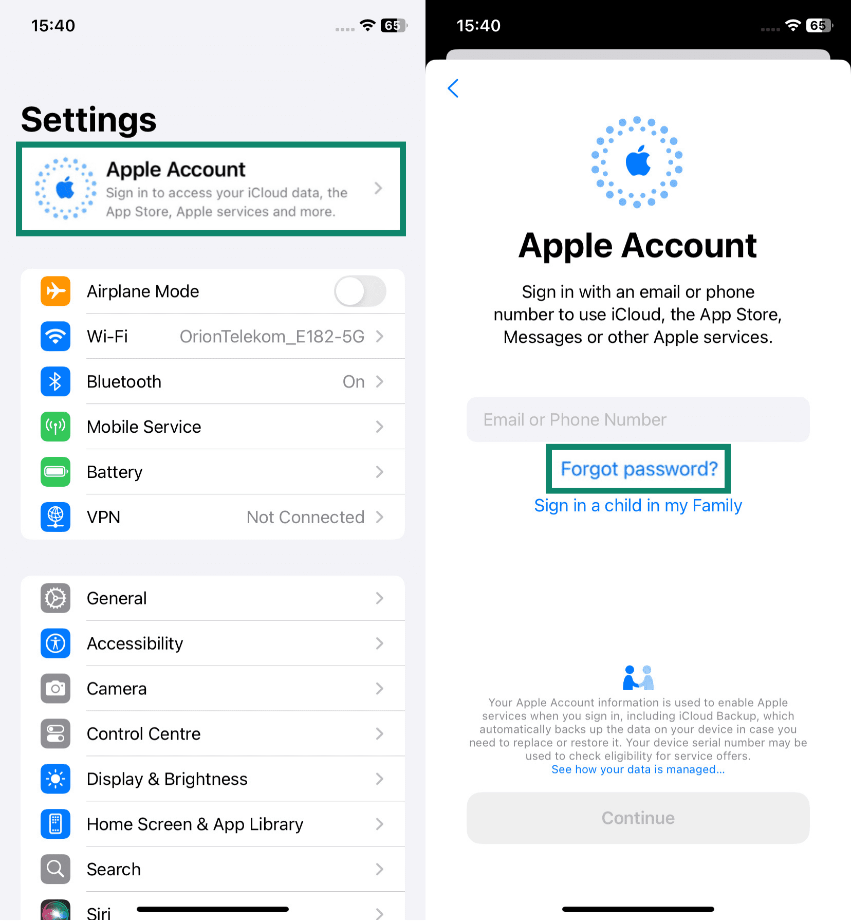 Two side-by-side screenshots showing the Apple Settings page menu (left) and the Apple Account sign in screen with the Forgot password? option highlighted (right)