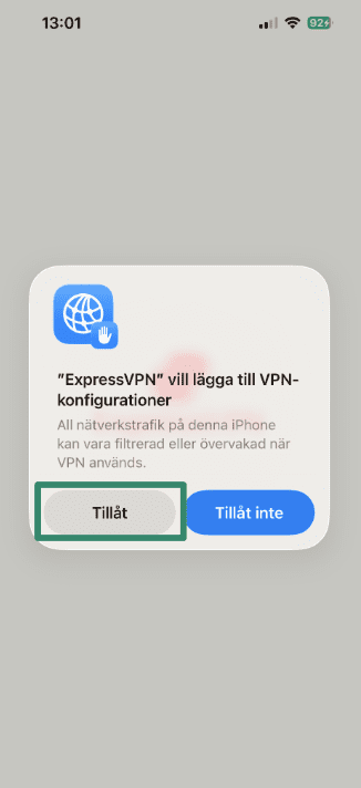Allowing ExpressVPN to add VPN configurations on iOS.