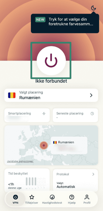 Oprettelse af forbindelse til ExpressVPN på iOS.