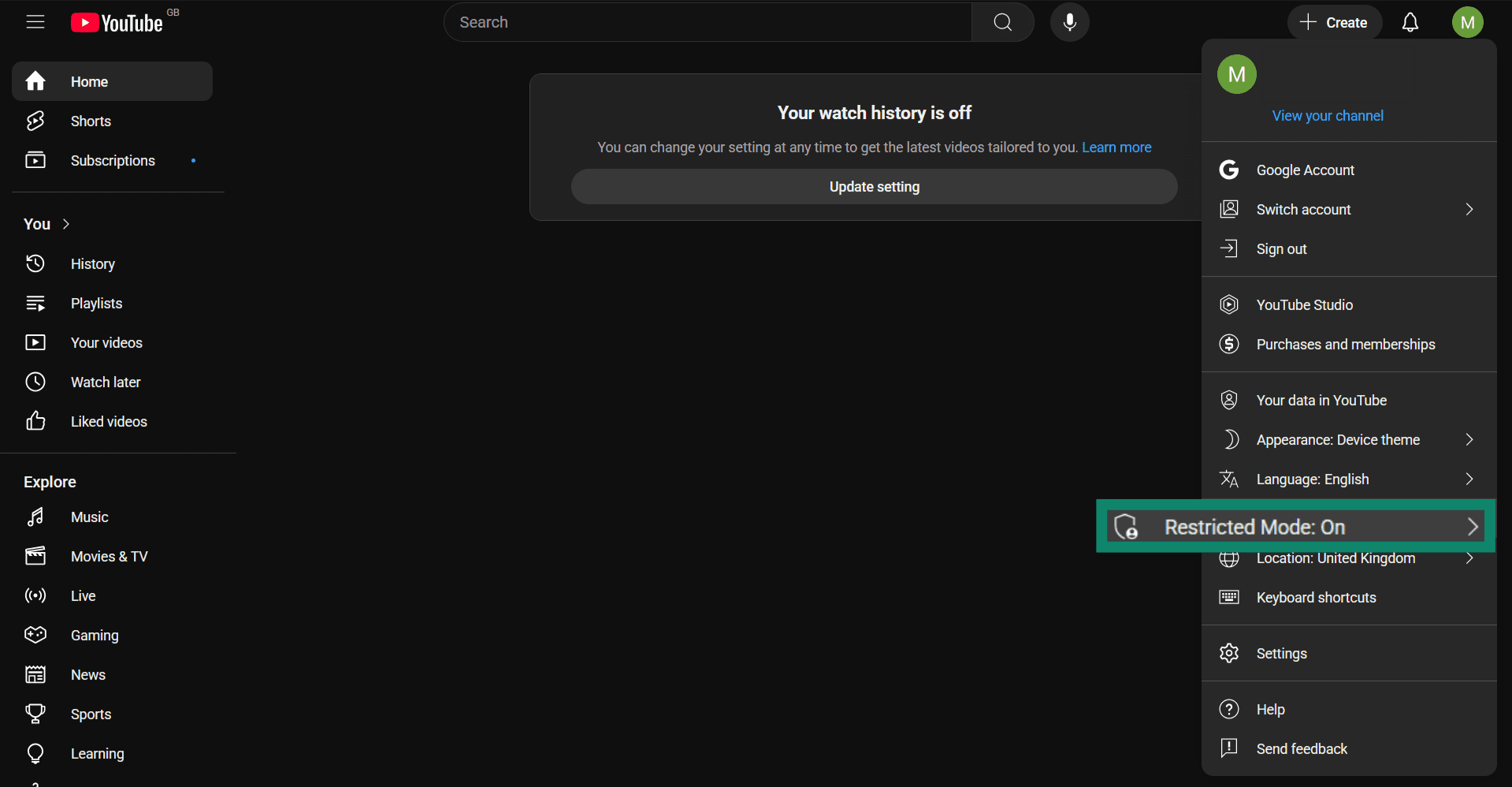 The YouTube settings menu, showing the Restricted Mode option.