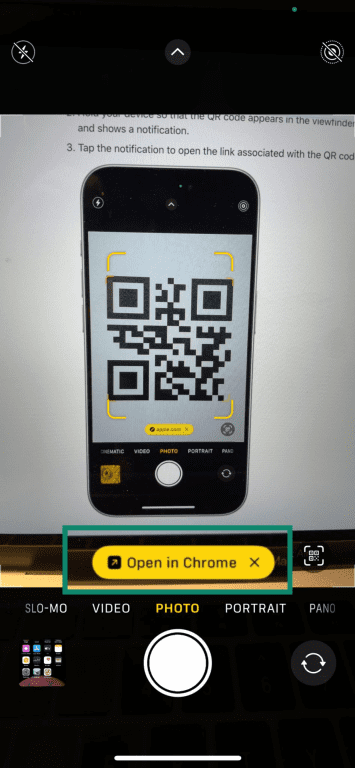 The "Open in Chrome" notification after scanning a QR code with the iPhone Camera app.