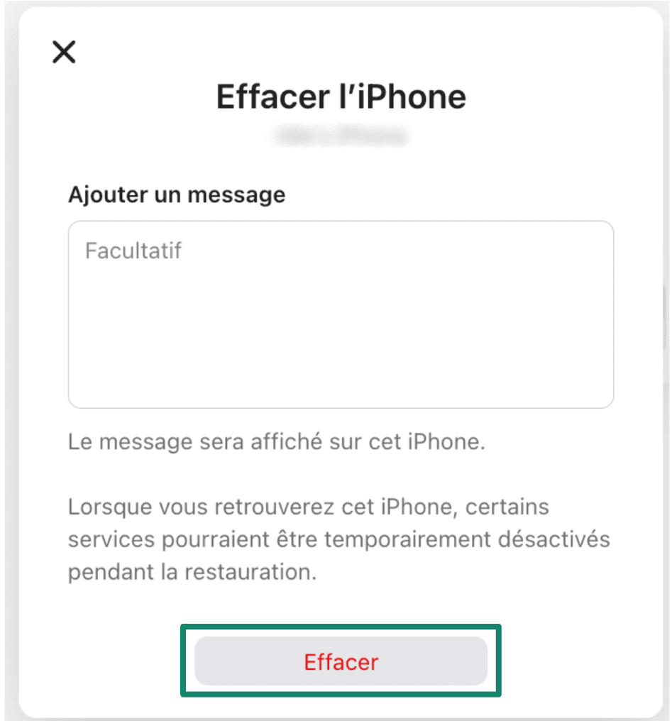 A confirmation prompt asking to 'Erase this iPhone?', warning that all content will be permanently deleted and the device will no longer be trackable.