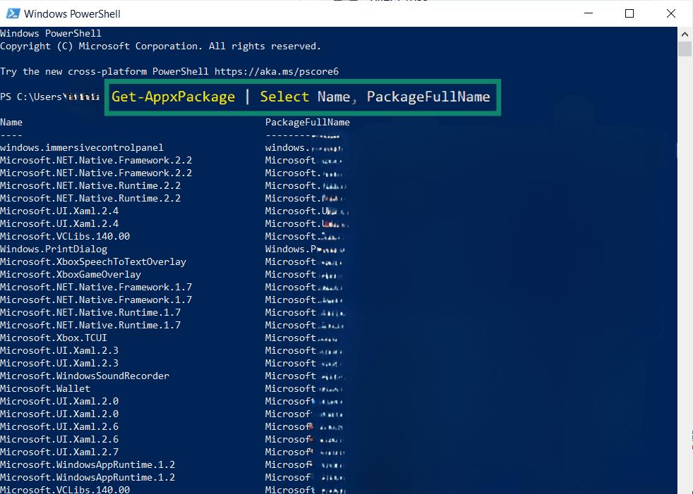 Windows PoewrShell displaying apps.