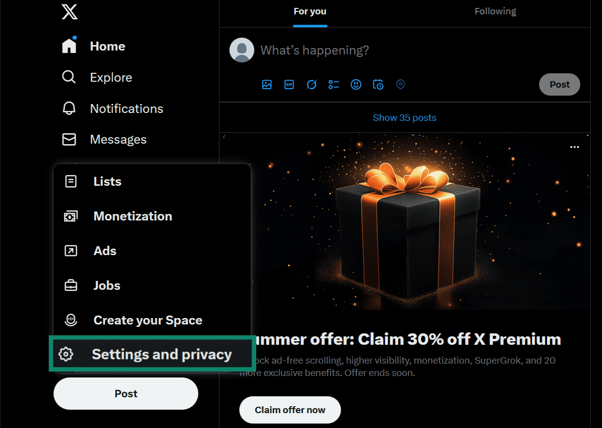 A screenshot of the Twitter website, showing the Settings and privacy menu option.