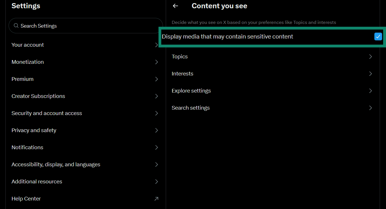 The Content you see menu of the Twitter settings, showing the option to display sensitive content.