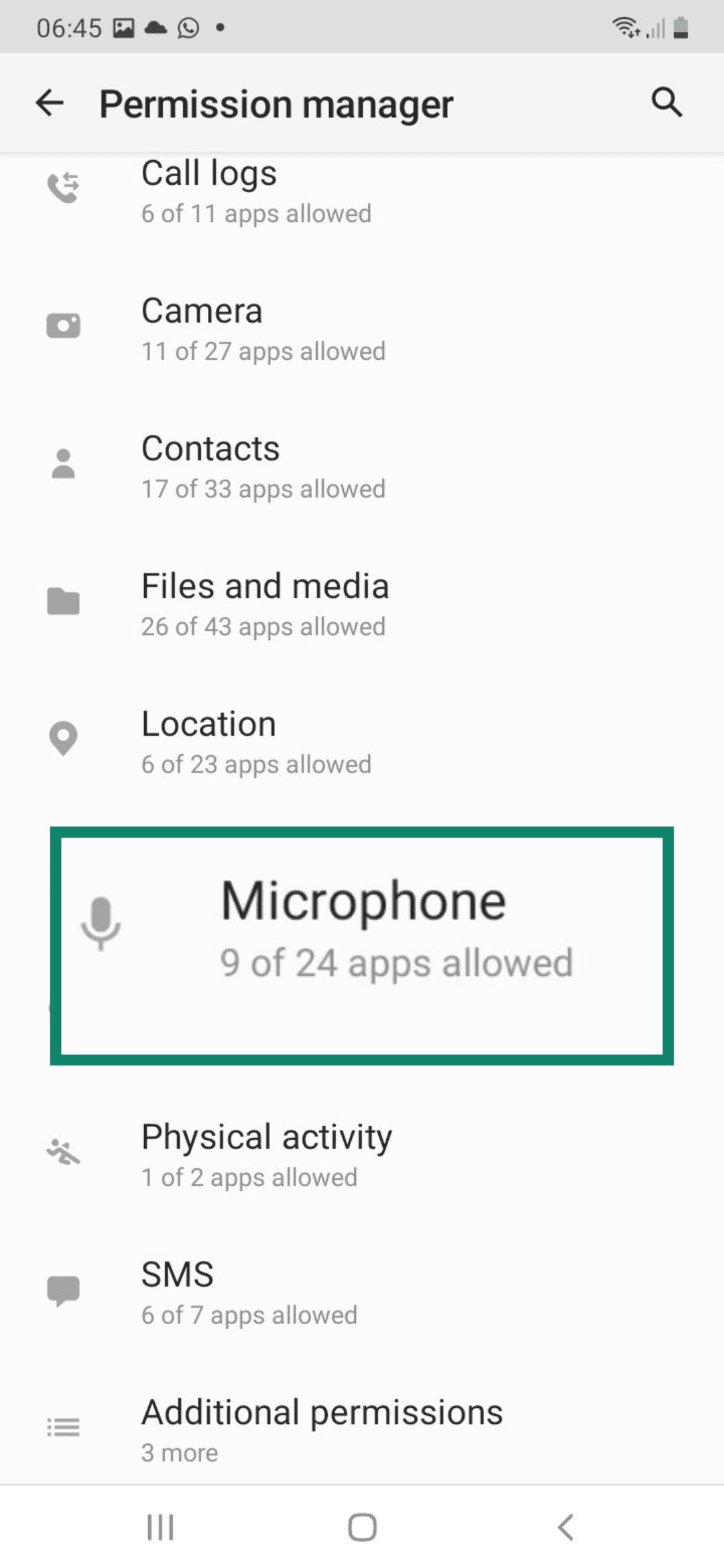 Microphone option in older Android settings.