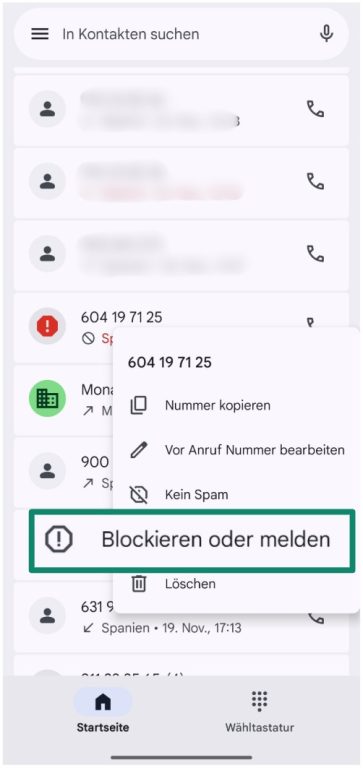 Android call log options with “Block/report spam” menu item highlighted.