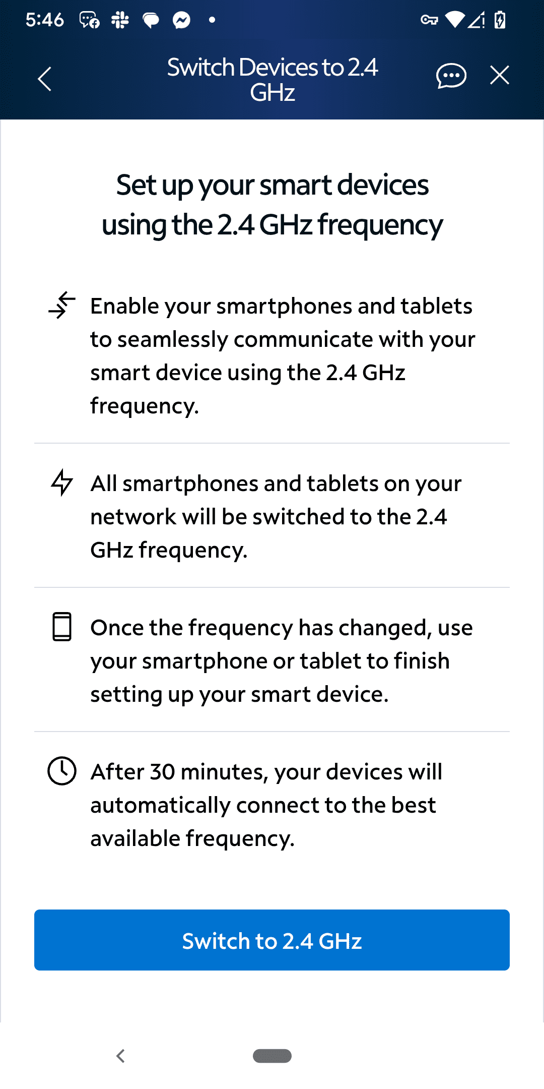 Spectrum app screen showing the option to switch devices to 2.4 GHz frequency.