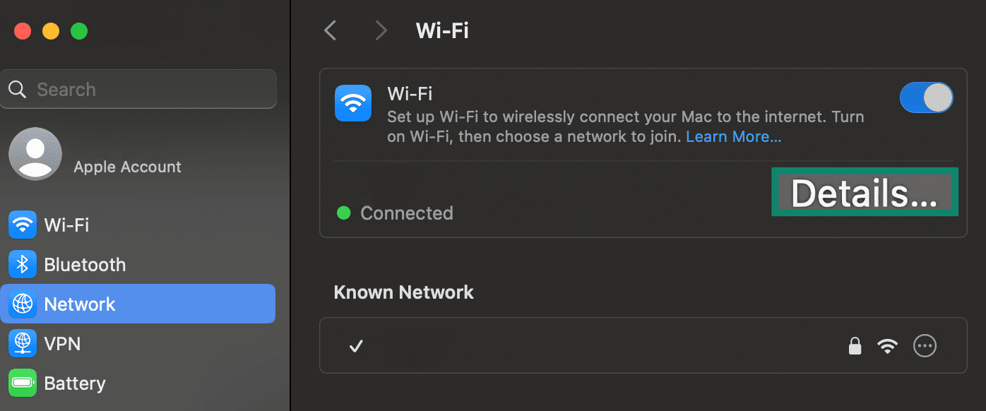Details button in macOS Wi-Fi settings.
