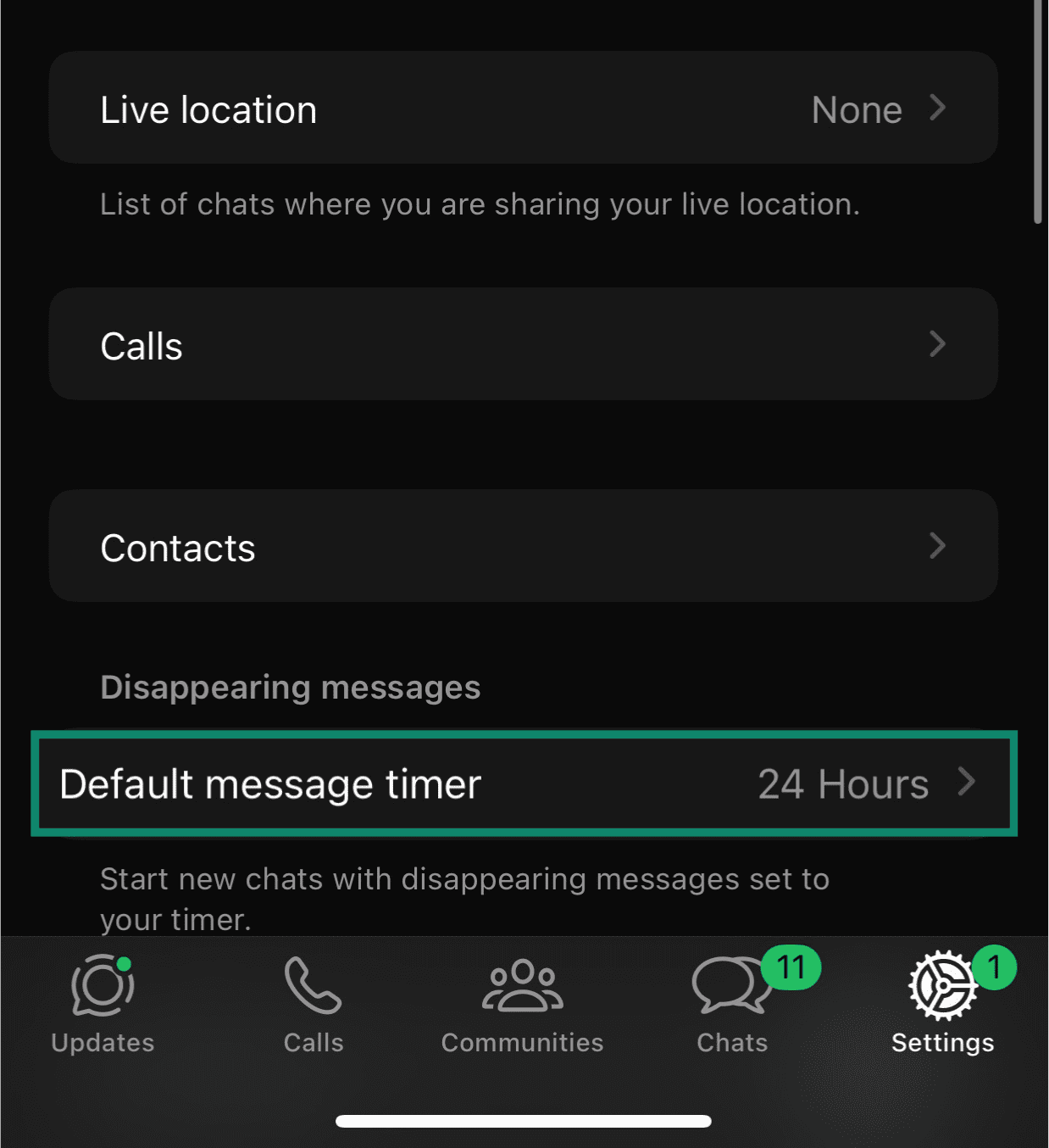 WhatsApp privacy settings screen with Default message timer highlighted.
