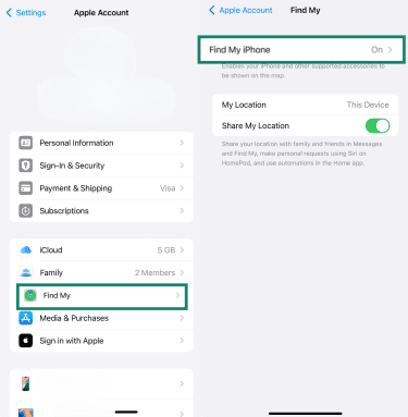 iPhone Settings showing Find My iPhone enabled.