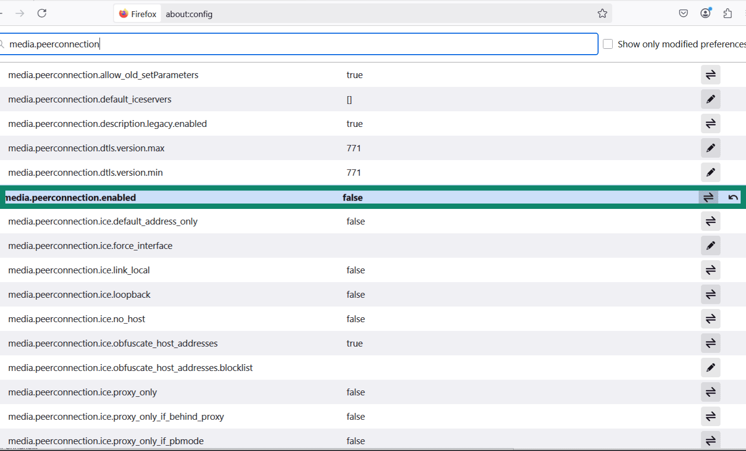 The Firefox about:config menu with media.peerconnection.enabled highlighted.