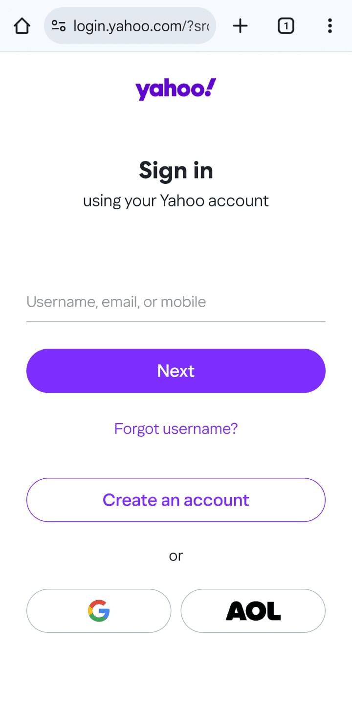 The Yahoo sign-in page, showing the field for Username, email, or mobile and the Next button.