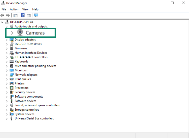 Image showing how to locate Cameras in Windows Device Manager.