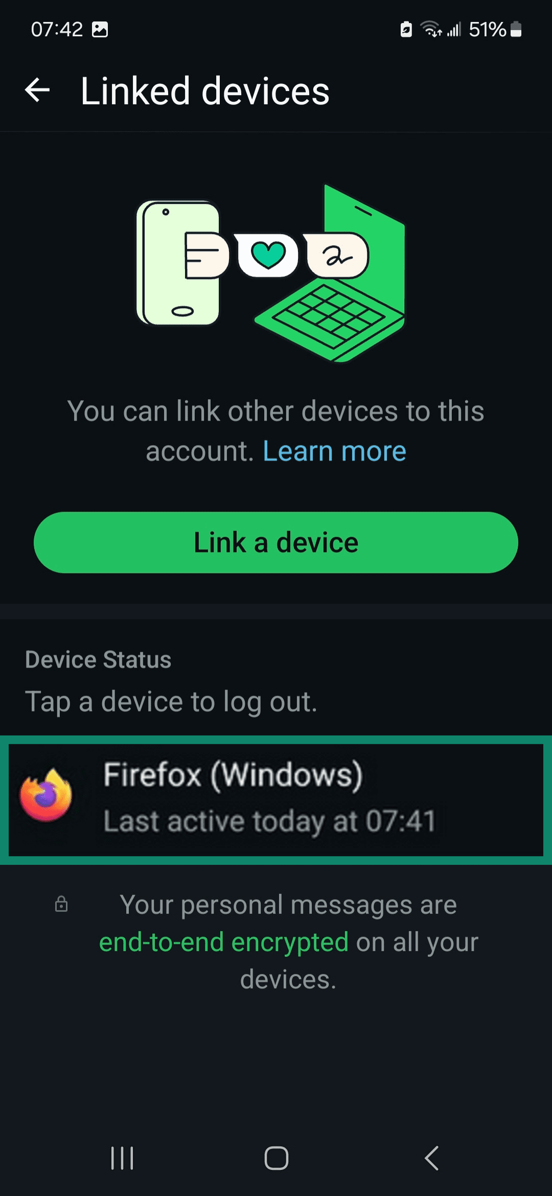 Linked devices page highlighting a connected device.