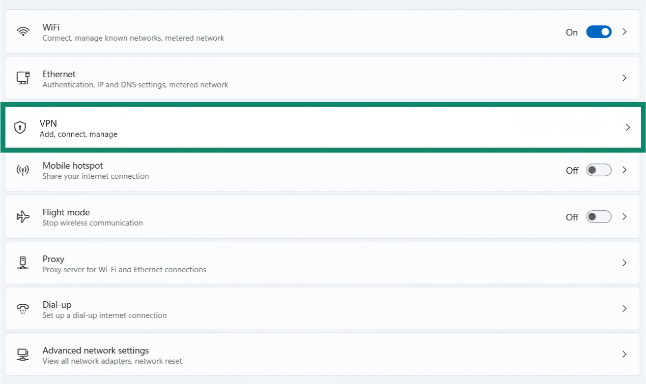 The Windows Network & internet settings, with the VPN option highlighted.