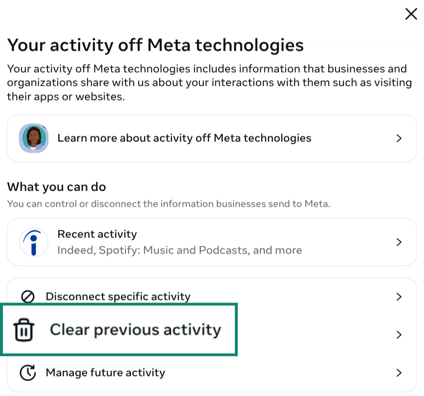 Settings menu for managing off Meta activity showing the option to clear history.