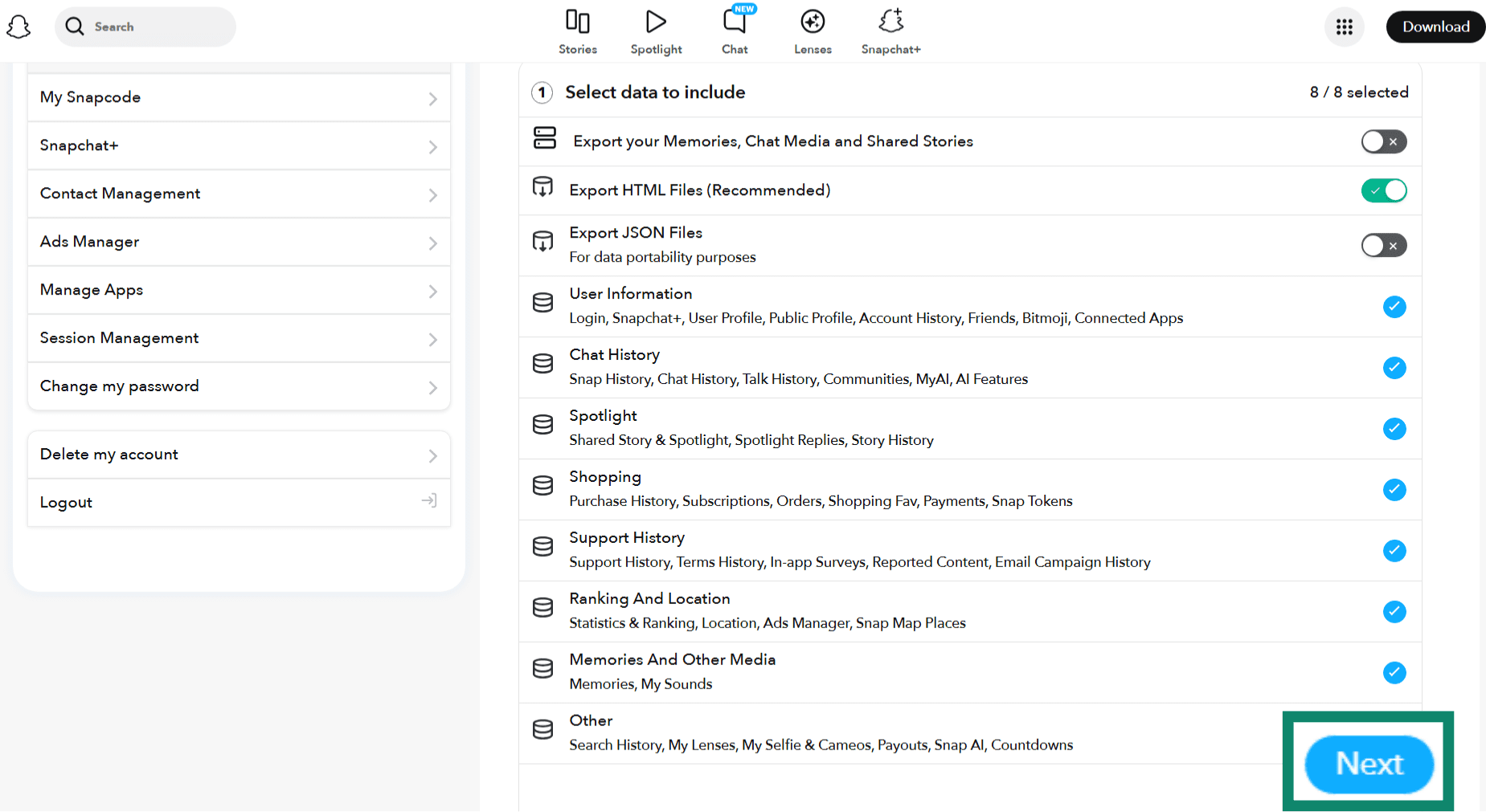 The first Snapchat data save screen, showing various options to save different pieces of account data.
