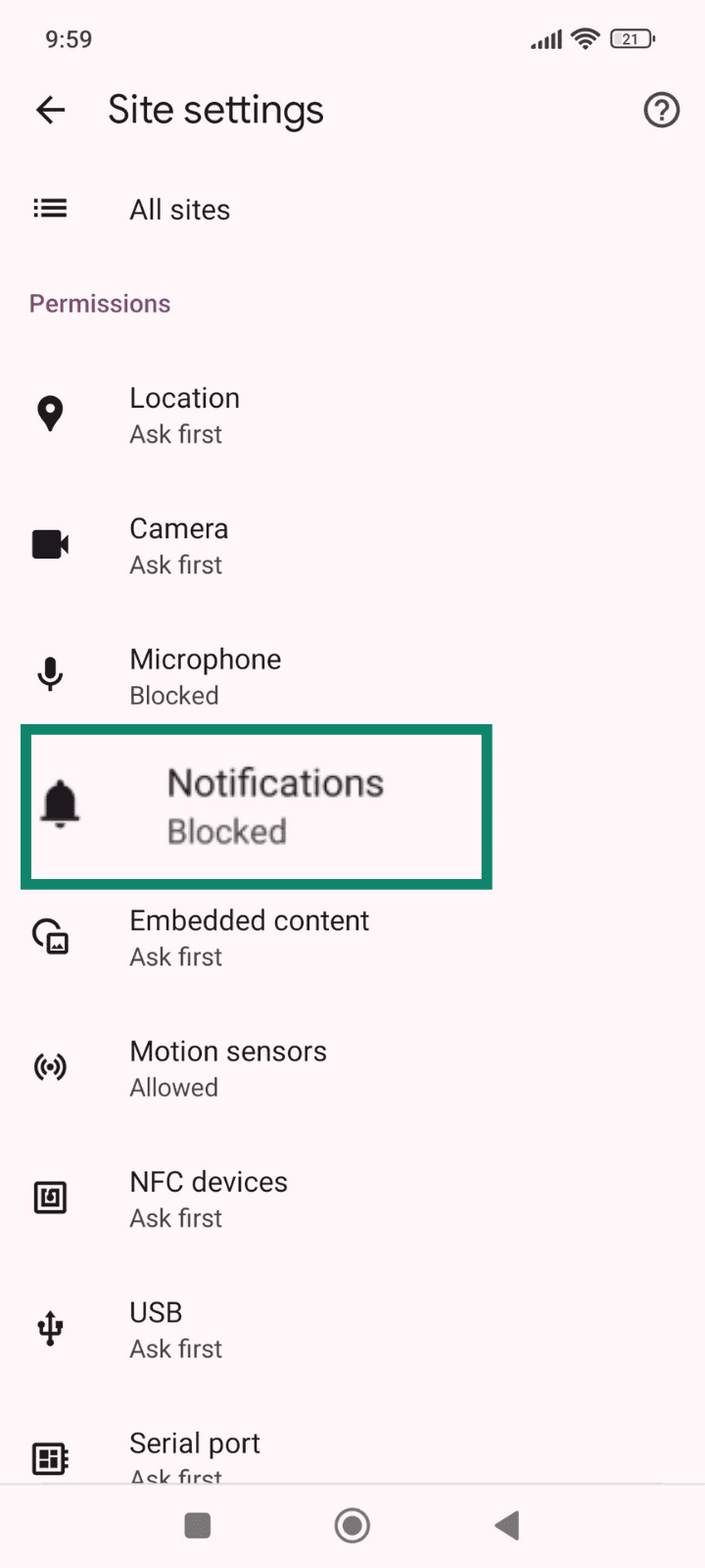 Chrome settings showing Notifications option.